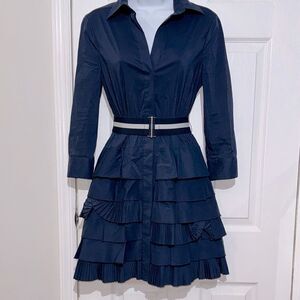 BCBGMaxazria Long Sleeve Ruffle Shirt Dress Cotton Blend Belt Navy Blue Size S